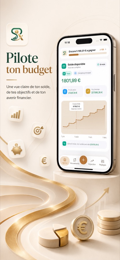 Ecran d'accueil de SimplyRich affichant le solde disponible, l'objectif d'epargne en cours et la projection du solde sur six mois.