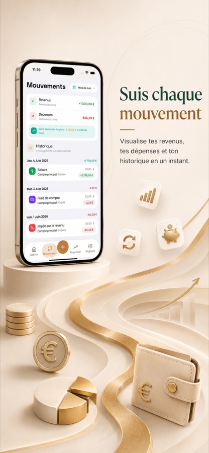 Ecran Mouvements de SimplyRich listant les revenus, depenses et l'historique des transactions du mois.