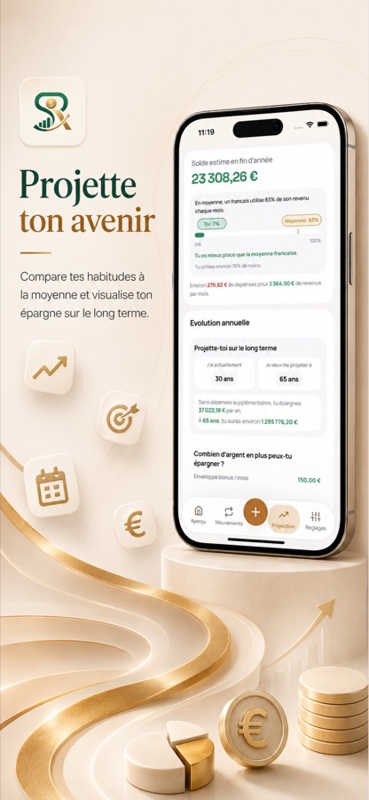 Ecran Projection de SimplyRich comparant le taux d'epargne de l'utilisateur a la moyenne francaise et estimant le capital futur.