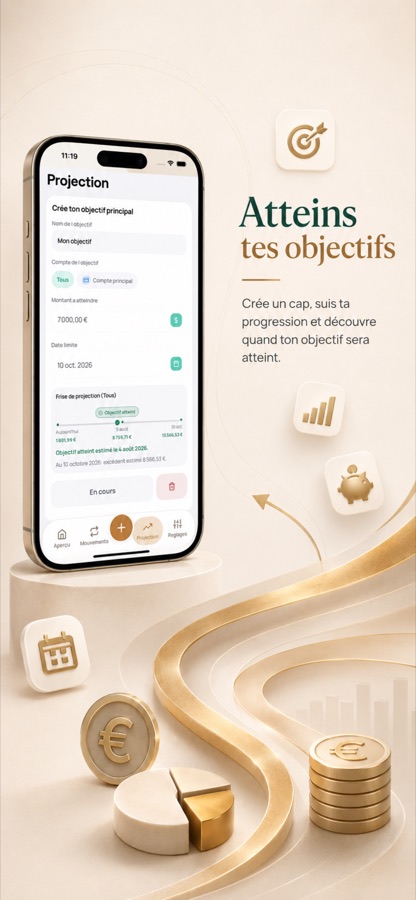 Ecran Objectif de SimplyRich affichant la progression vers un objectif d'epargne avec une date d'atteinte estimee.