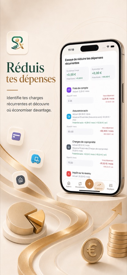 Ecran Depenses recurrentes de SimplyRich proposant des objectifs d'economie bases sur les moyennes constatees en France.